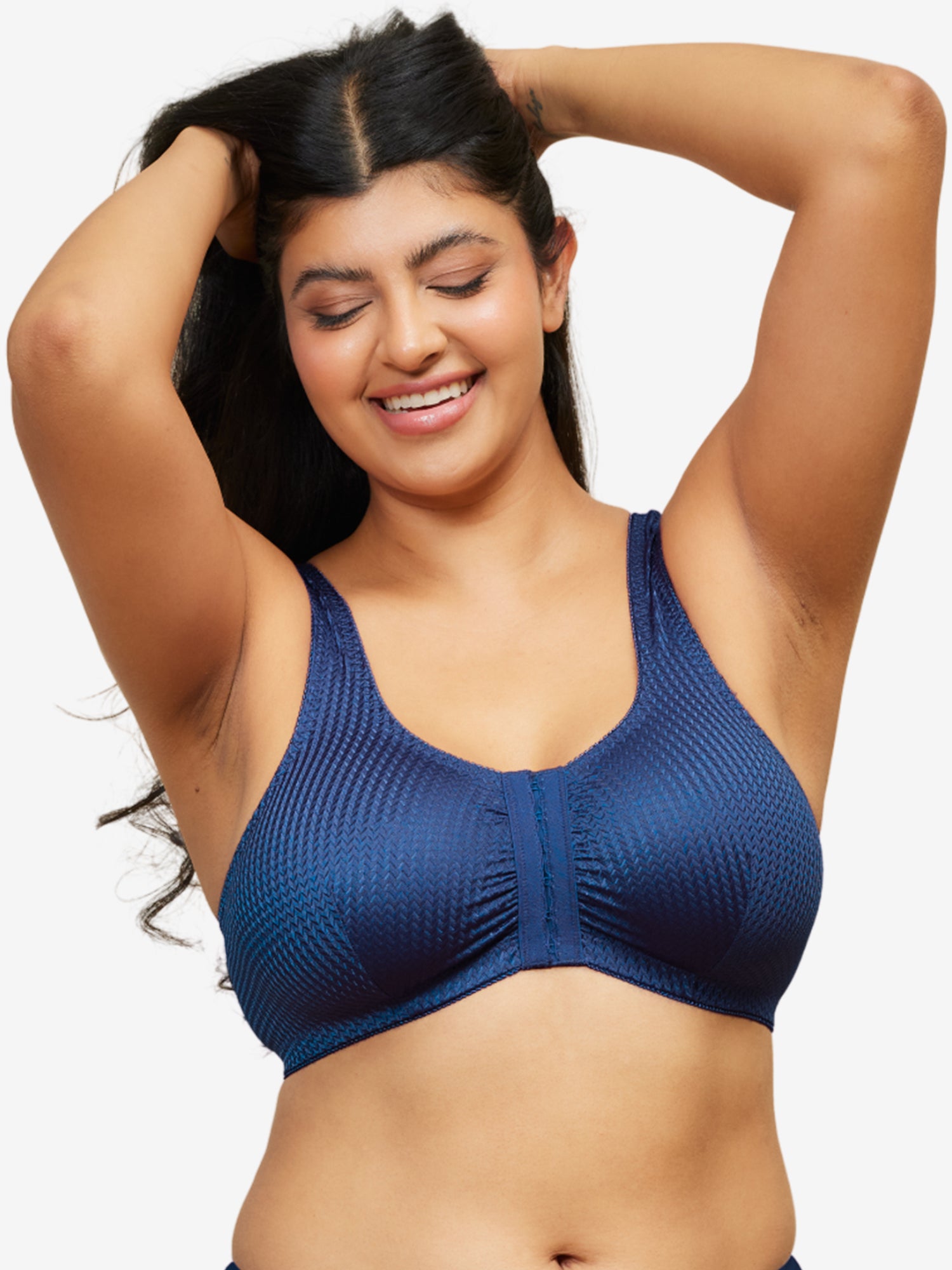 Front view of zig-zag weave front-closure comfort bra in sapphire