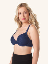 Side view of underwire lace nursing bra in sapphire