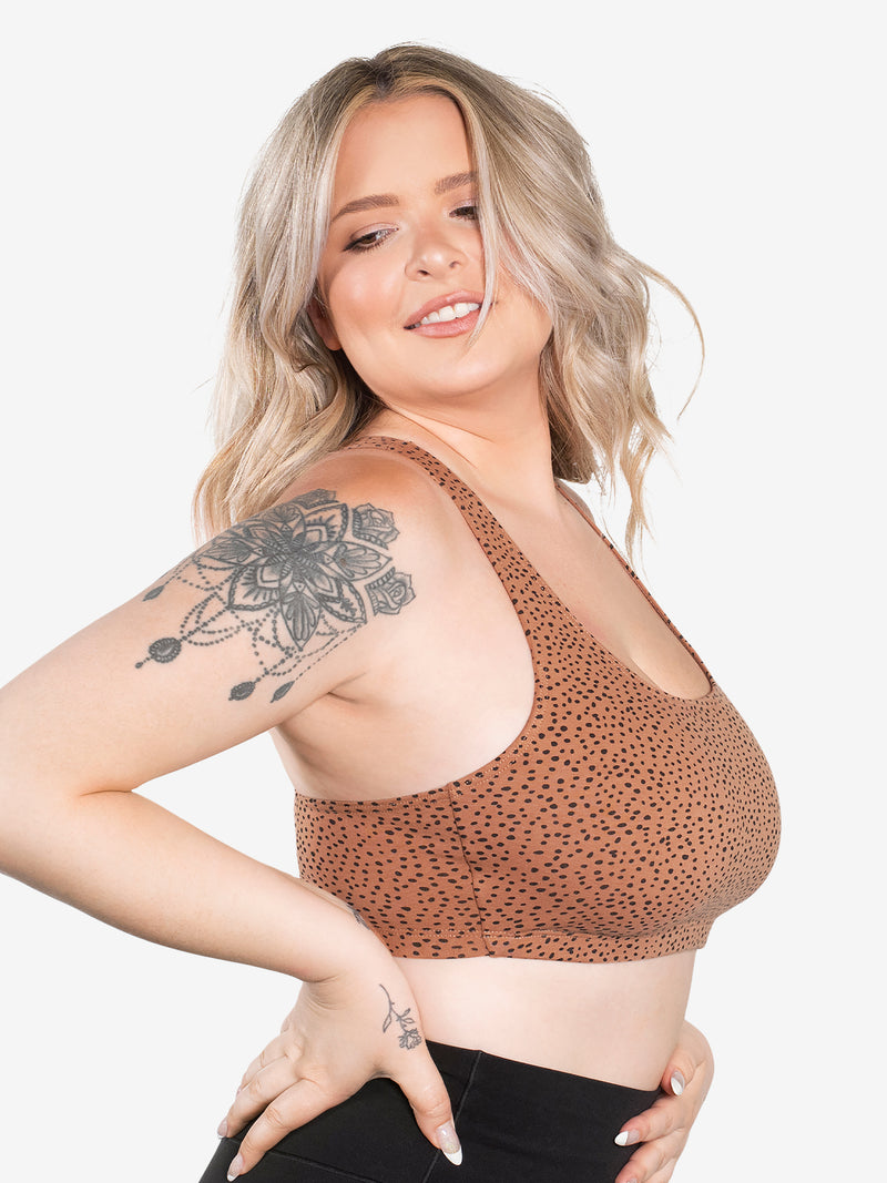 Side view of cotton wirefree sports bra in mocha leo dot