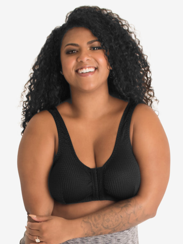 Front view of zig-zag weave front-closure comfort bra in black