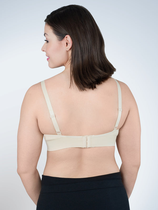 Back view of loving moments wirefree nursing bra in naturally nude
