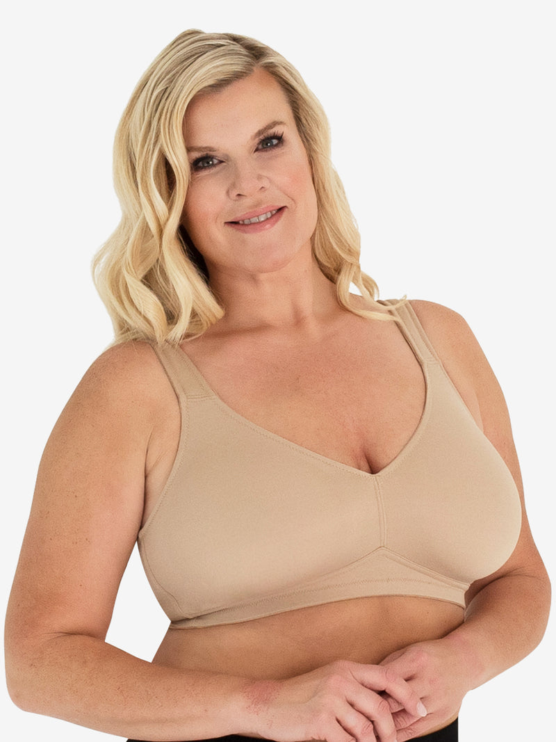 Front view of loving moments microf loving momentsiber comfort bra in beige