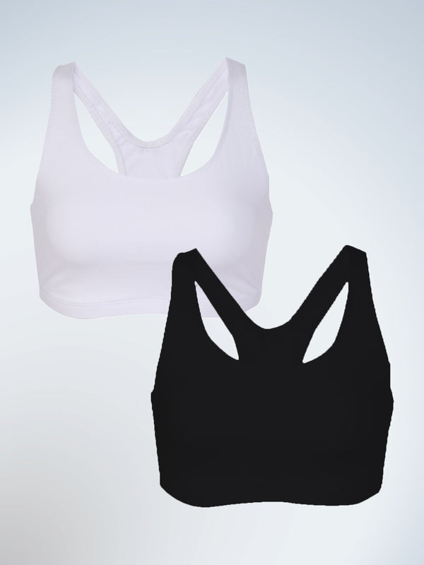 Front view of two pack wirefree sport full figure bra in white and black