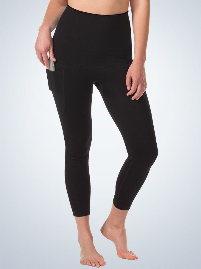 Front view of control high-waist legging in jet black with heather grey space dye