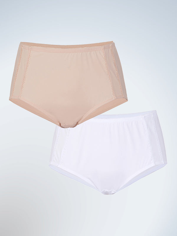 Front view of two pack comfort fresh cooling panties in nude and white