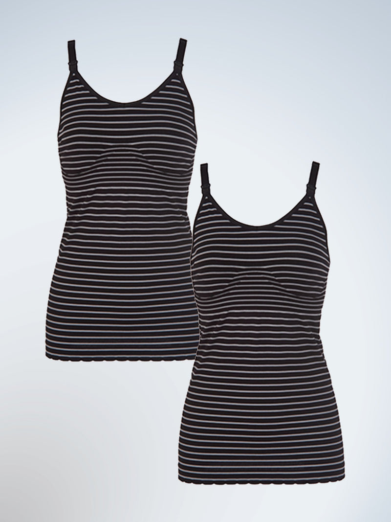 Front view of two pack maternity to nursing seamless cotton tank in grey black stripe