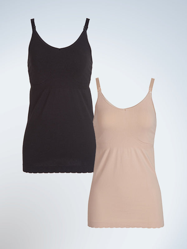 Front view of two pack maternity to nursing seamless cotton tank in black and nude