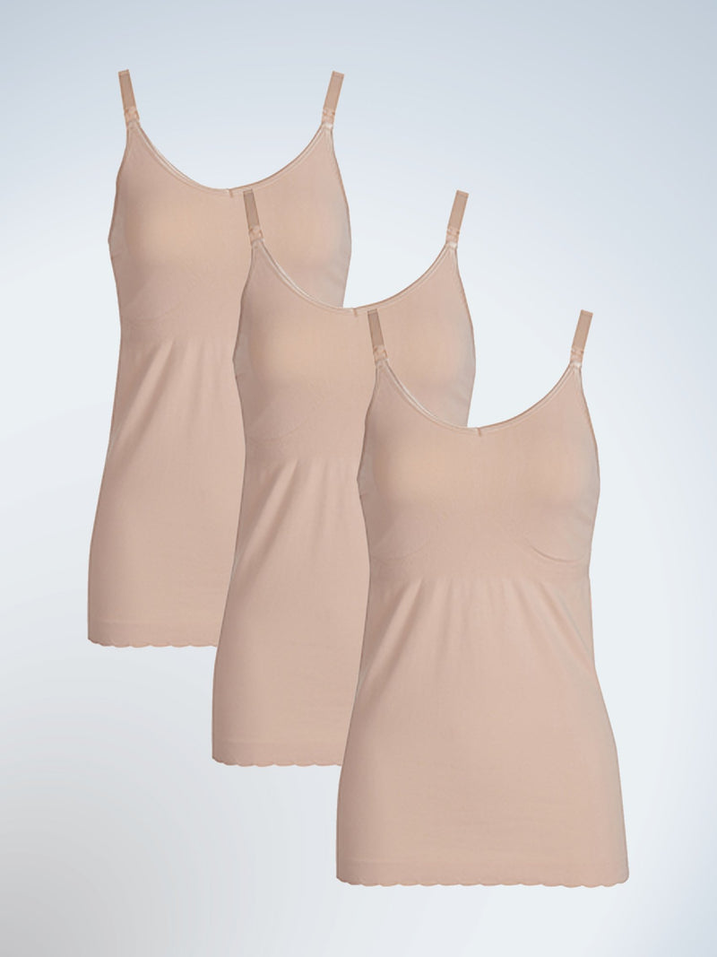 Front view of three pack maternity to nursing seamless cotton tank in naturally nude