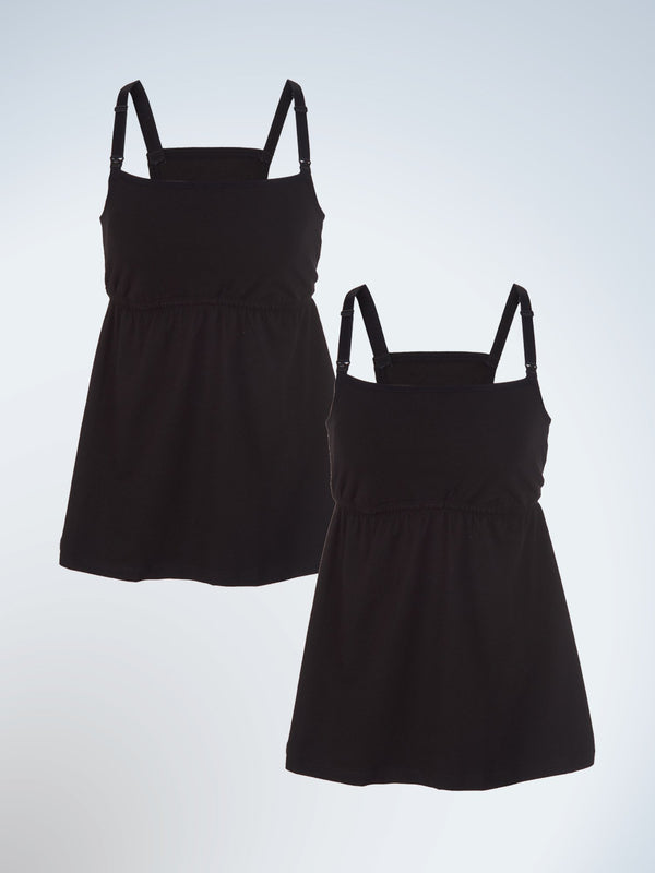 Front view of two pack modern square neck maternity and nursing tank in black