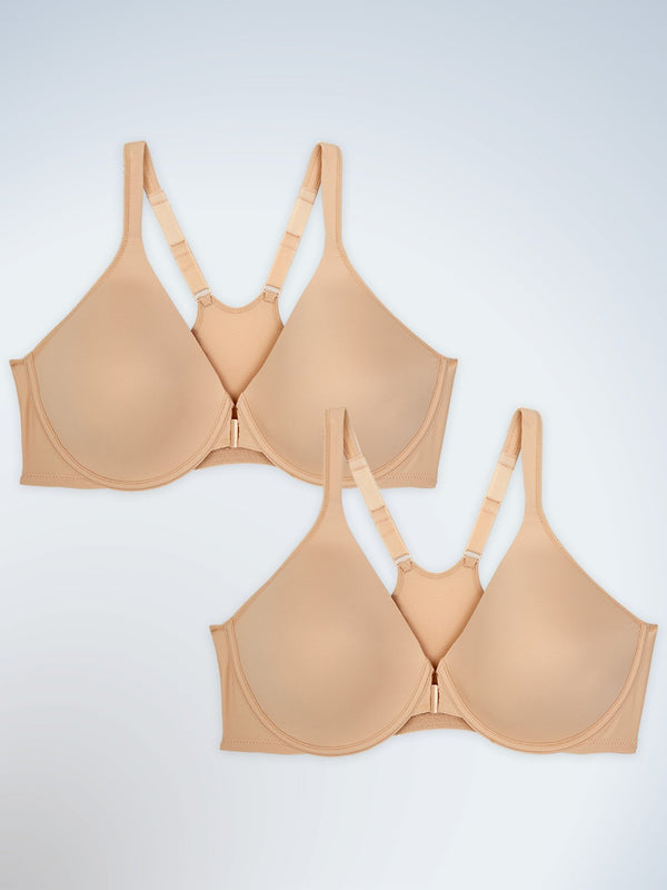 Front view of two pack racerback seamless front-closure underwire bra in naturally nude