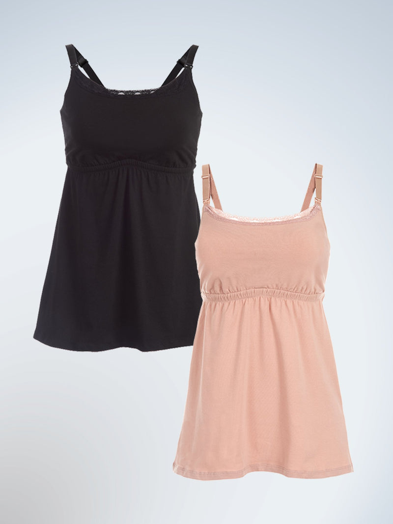 Front view of two pack nursing cami with lace in black and nude
