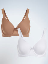 Front view of two pack padded underwire t-shirt bra in warm taupe and white