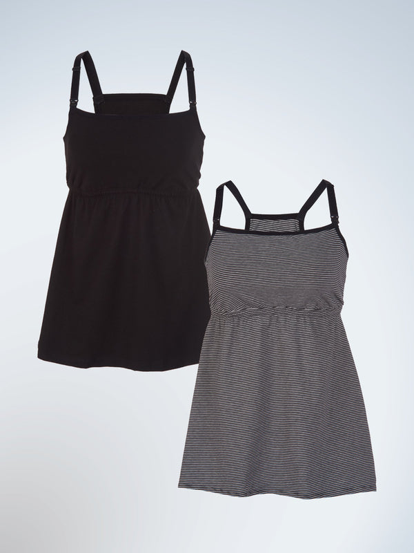 Front view of two pack modern square neck maternity and nursing tank in black and black stripe