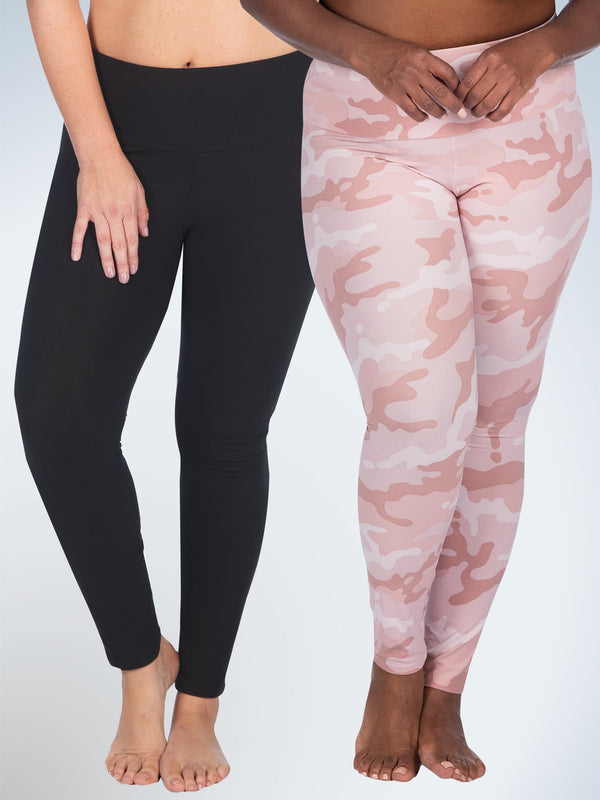 Front view of two pack control waist super soft leggings in black and pink camo