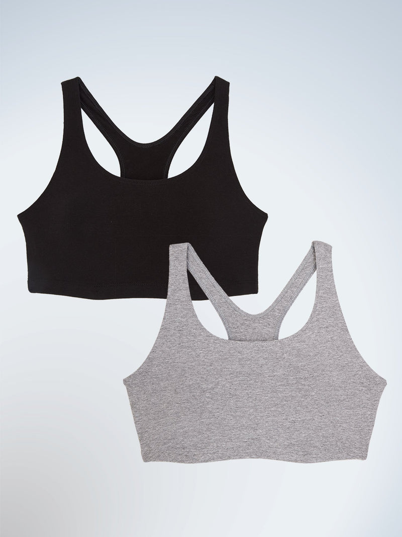 Front view of two pack wirefree sport full figure bra in black and grey