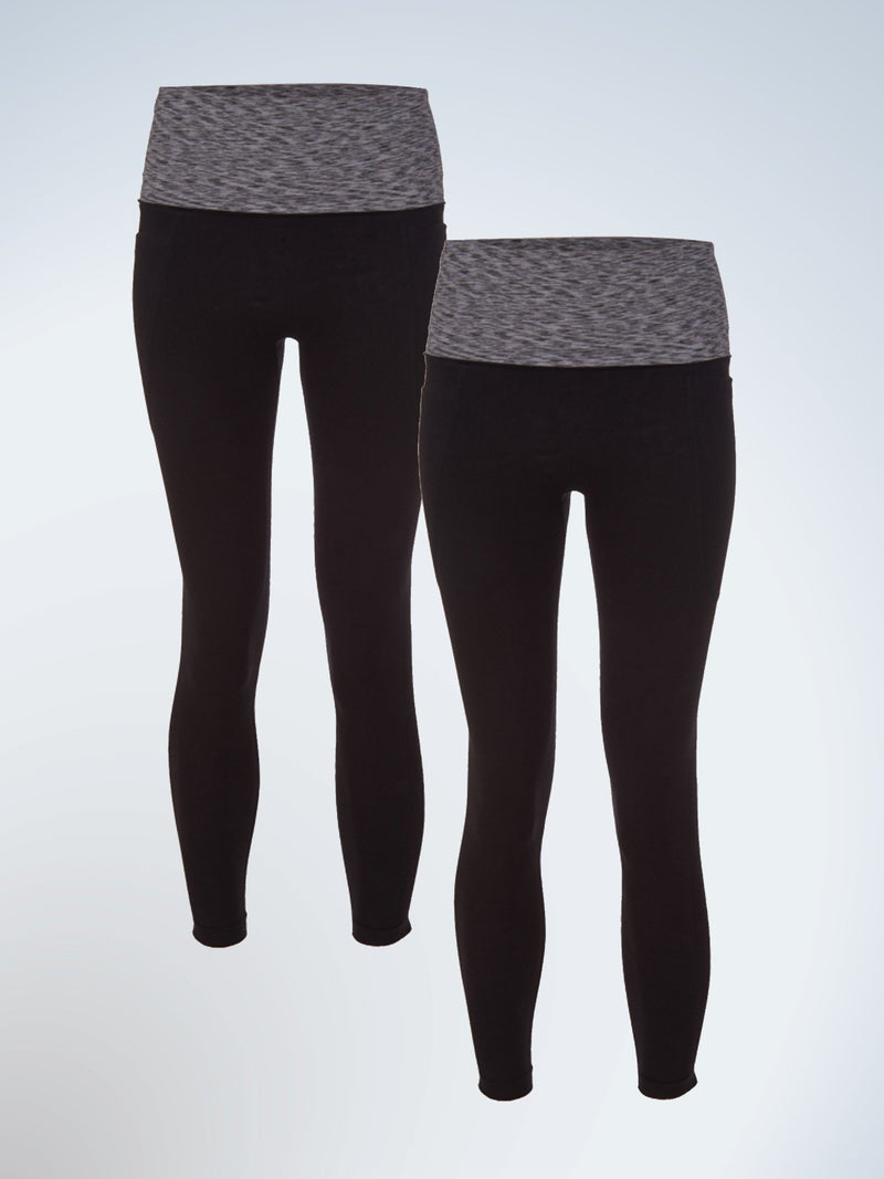Front view of two pack control high-waist legging in jet black with heather grey space dye