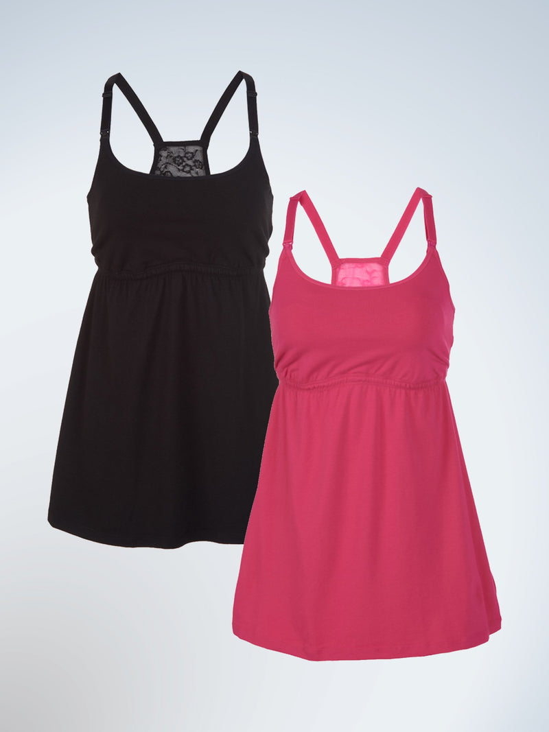 Front view of two pack lace back maternity and nursing tank in black and azalea