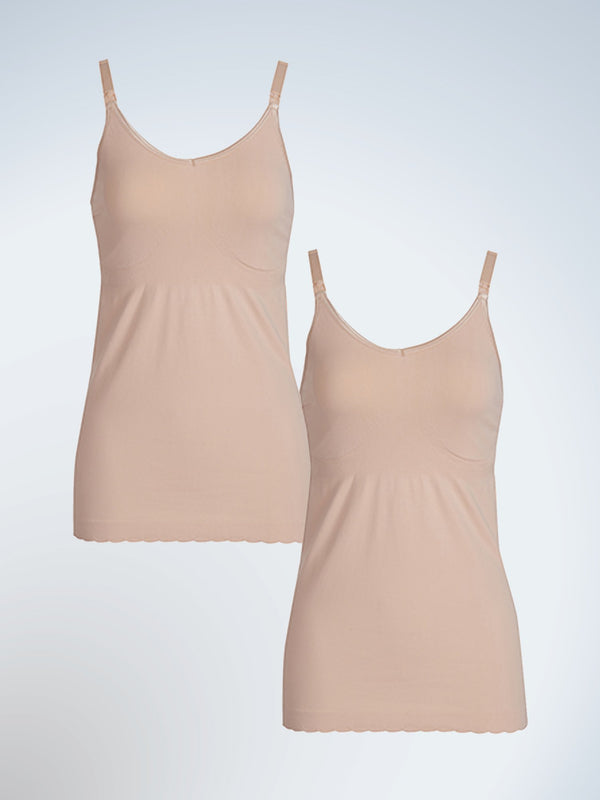 Front view of two pack maternity to nursing seamless cotton tank in nude