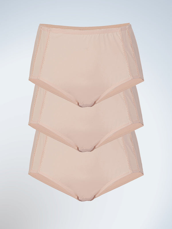 Front view of three pack comfort fresh cooling panties in nude