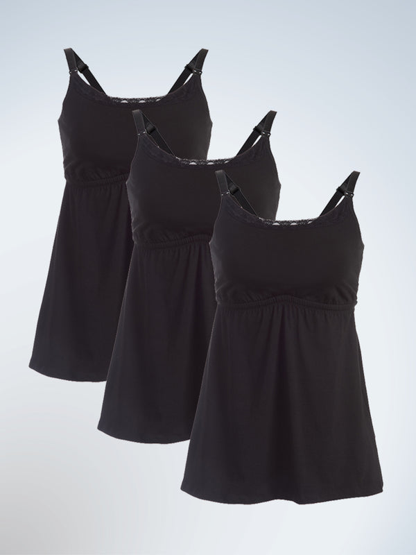 Front view of three pack nursing cami with lace in black