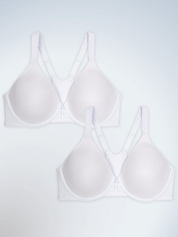 Front view of two pack racerback seamless front-closure underwire bra in white