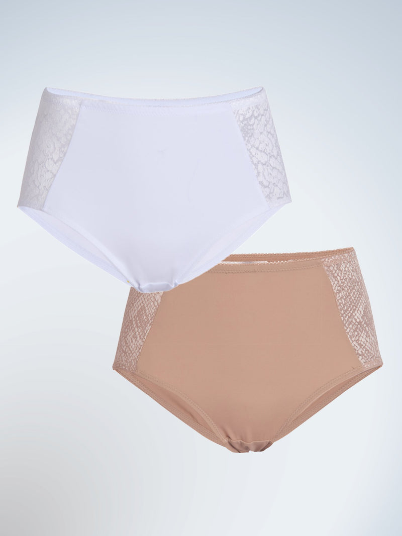 Front view of two pack body panty briefs in warm taupe and white