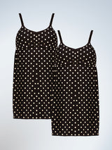 2 pack Front view of shirred-front comfort maternity and nursing tank dress in black and white dot