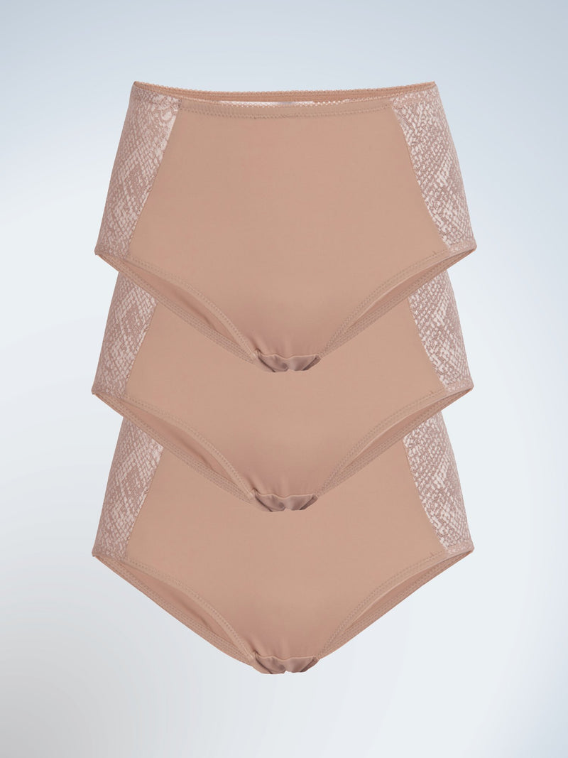 Front view of three pack luxe body panty briefs in warm taupe