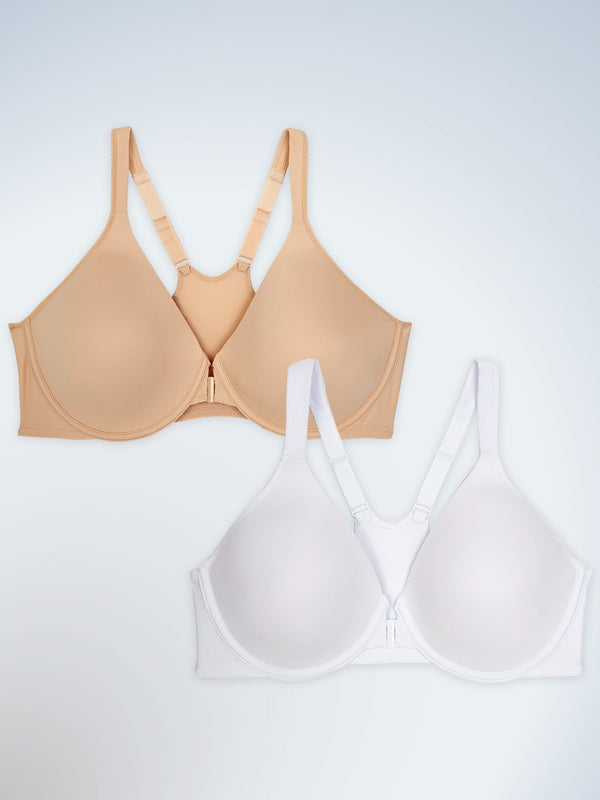 Front view of two pack racerback seamless front-closure underwire bra in naturally nude and white