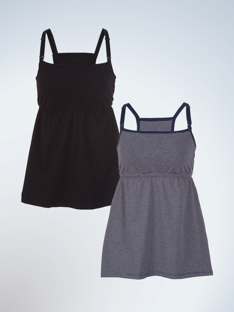 Front view of two pack modern square neck maternity and nursing tank in black and denim blue stripe