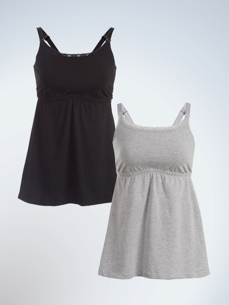 Front view of two pack nursing cami with lace in black and grey