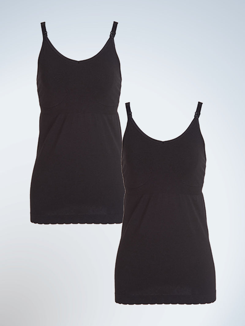 Front view of two pack maternity to nursing seamless cotton tank in black