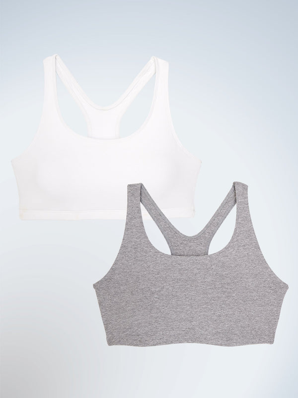 Front view of two pack wirefree sport full figure bra in white and grey