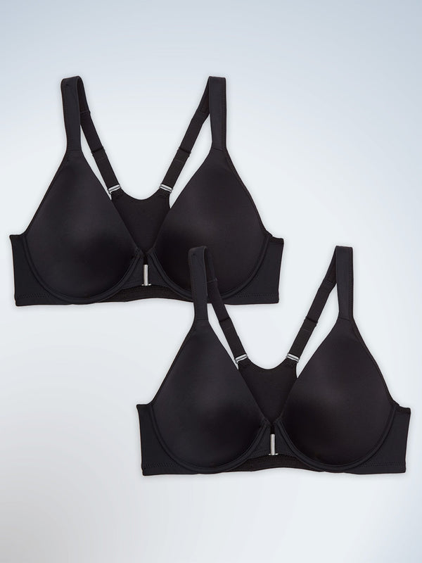 Front view of two pack racerback seamless front-closure underwire bra in black