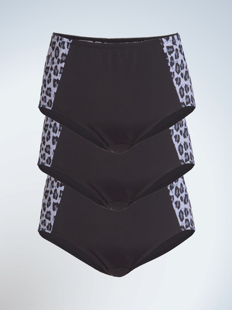Front view of three pack luxe body panty briefs in grey leopard