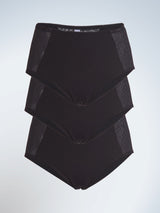 Front view of three pack luxe body panty briefs in black