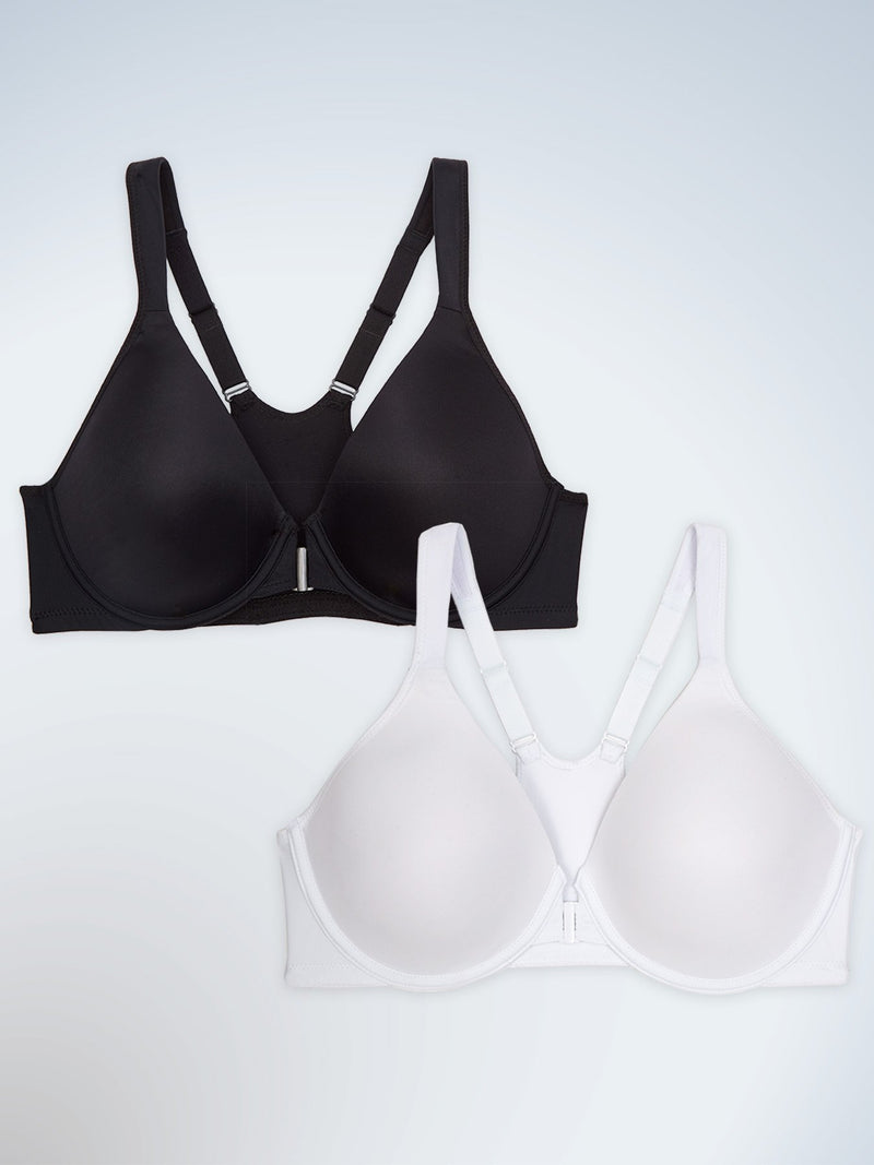 Front view of two pack racerback seamless front-closure underwire bra in black and white
