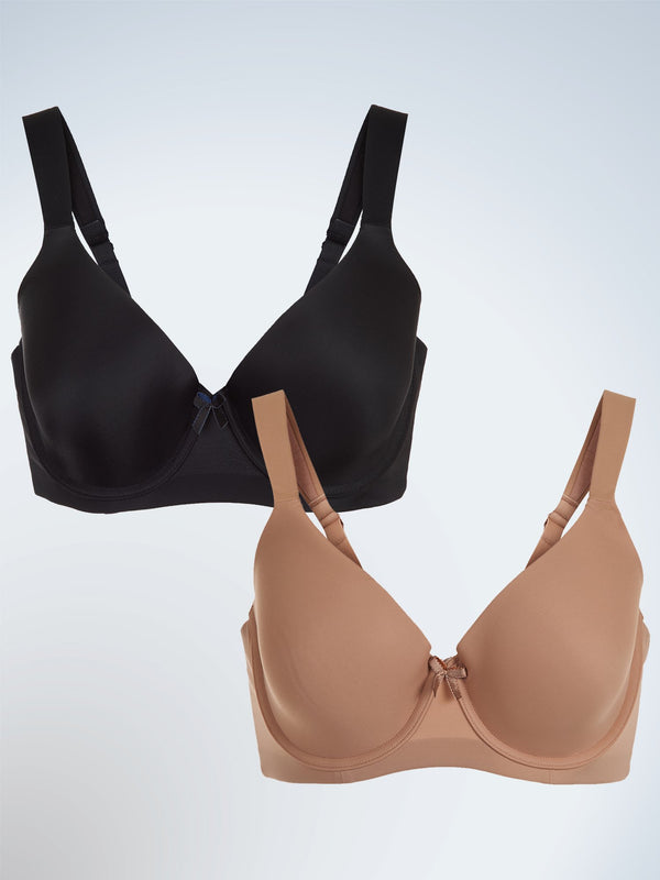 Front view of two pack padded underwire t-shirt bra in black and warm taupe