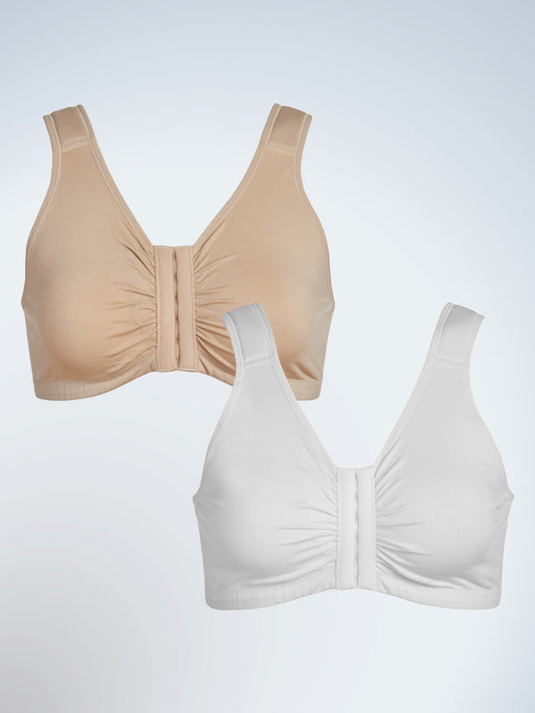 Front view of two pack seamless comfort front-closure bra in salt beige and white