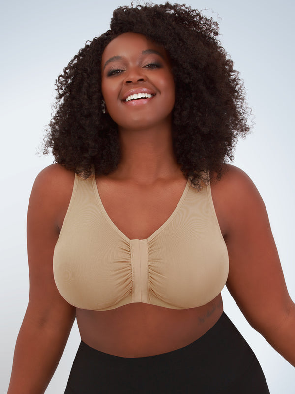Front view of seamless comfort front-closure bra in salt beige