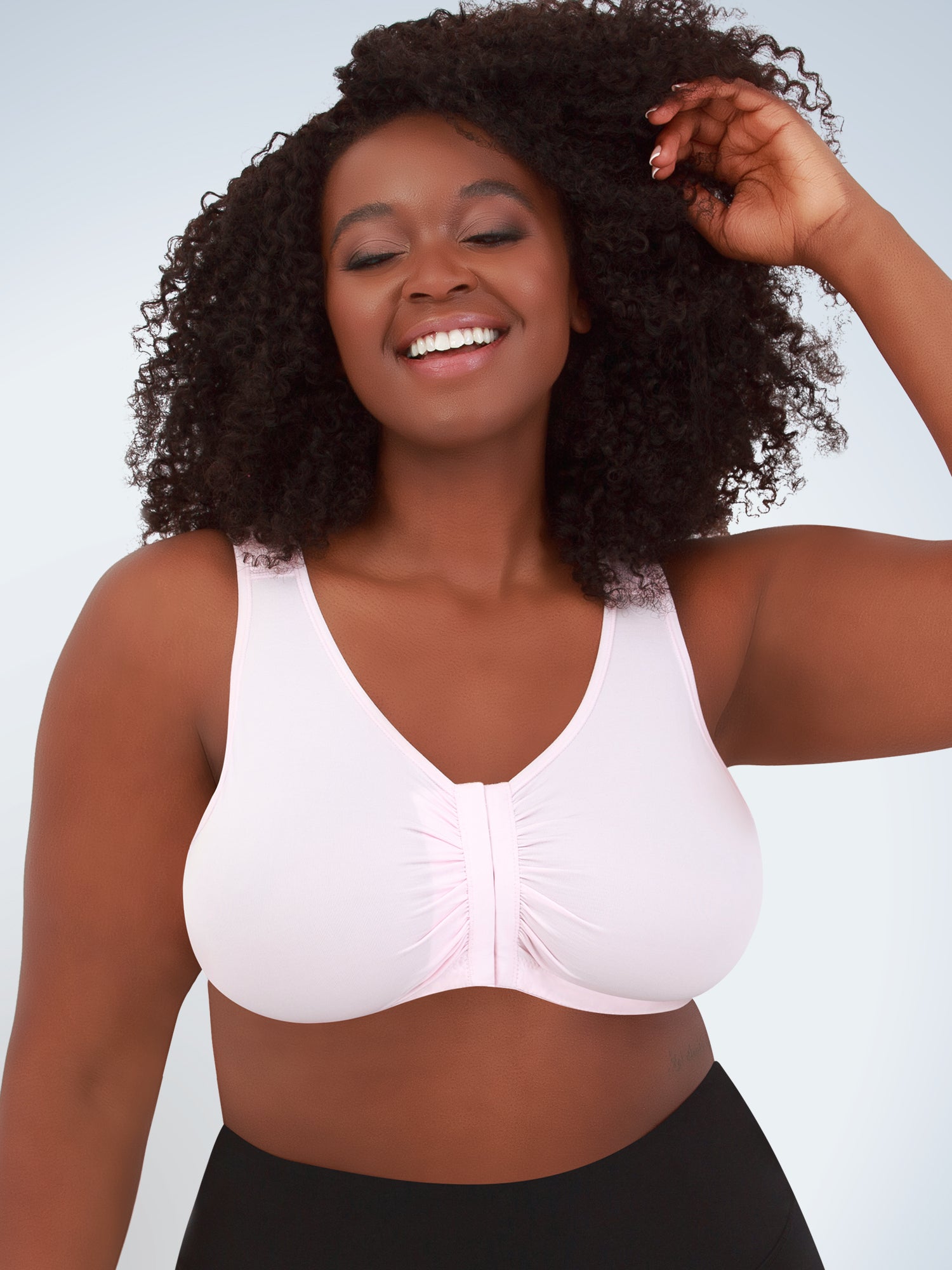 Front view of seamless comfort front-closure bra in pink crush