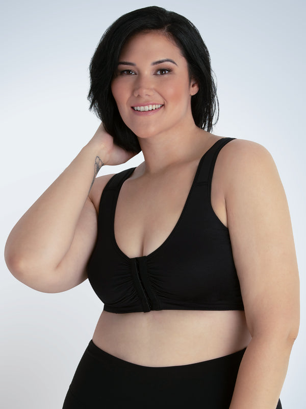 Front view of seamless comfort front-closure bra in black onyx