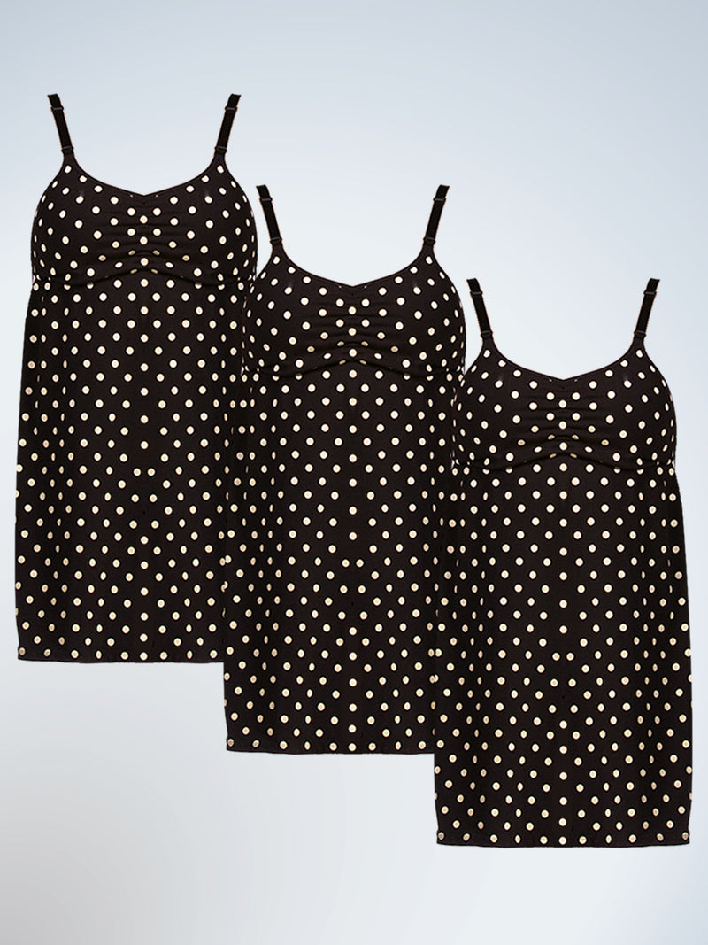 Front view of three pack shirred-front comfort maternity and nursing tank dress in black and white dot