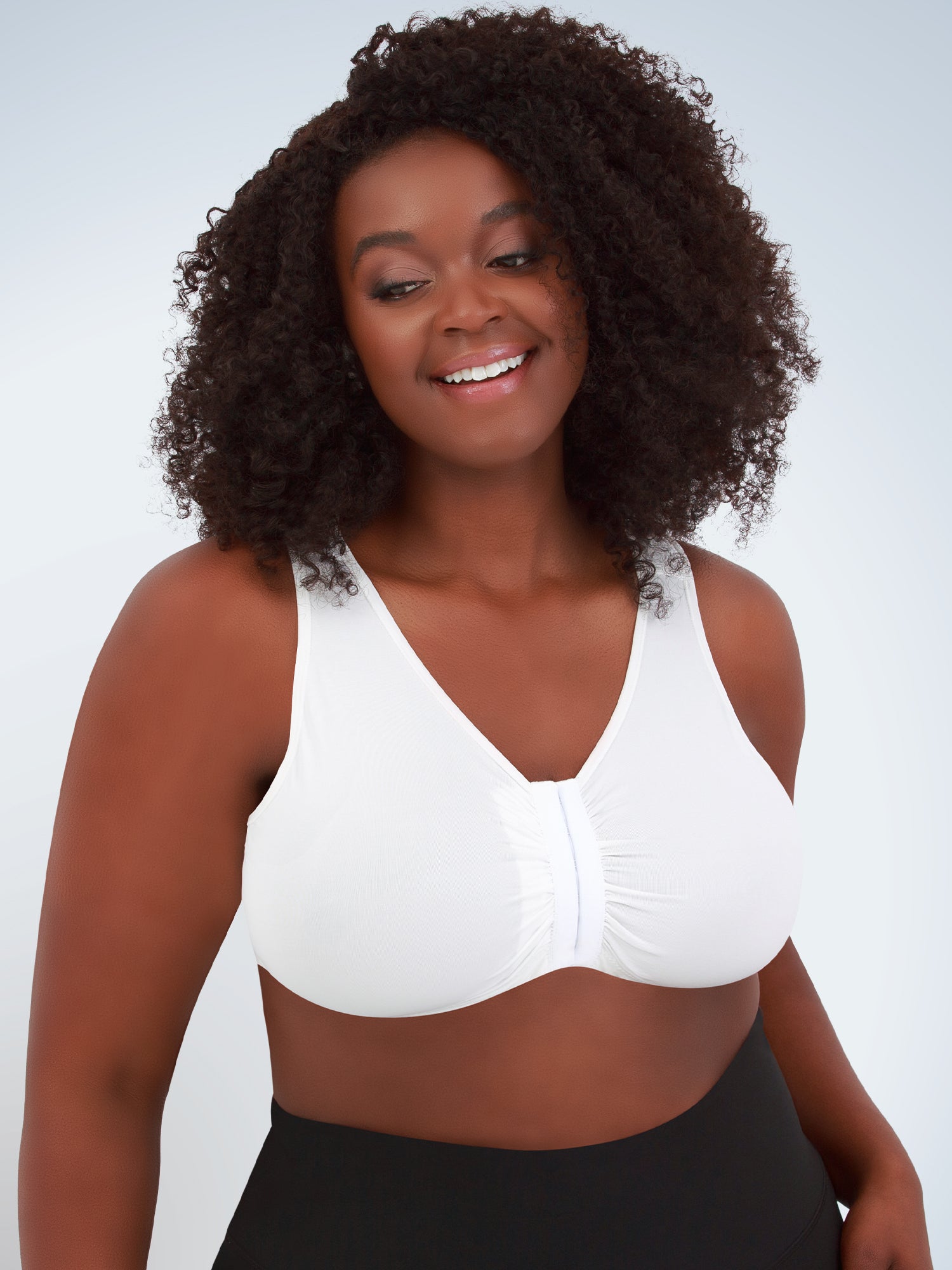 Front view of seamless comfort front-closure bra in white