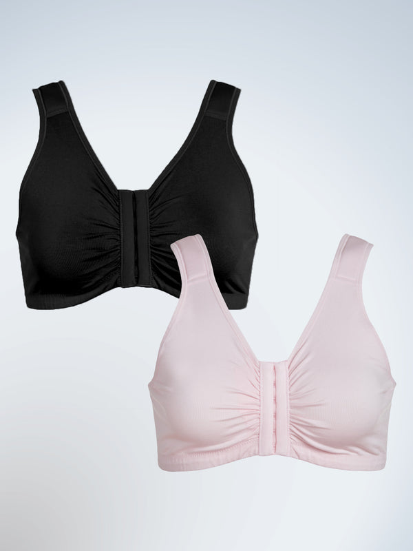 Front view of two pack seamless comfort front-closure bra in black onyx and pink crush